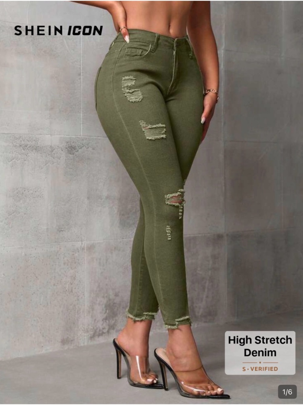 SHEIN Olive Green High-Rise Distressed Skinny Jeans